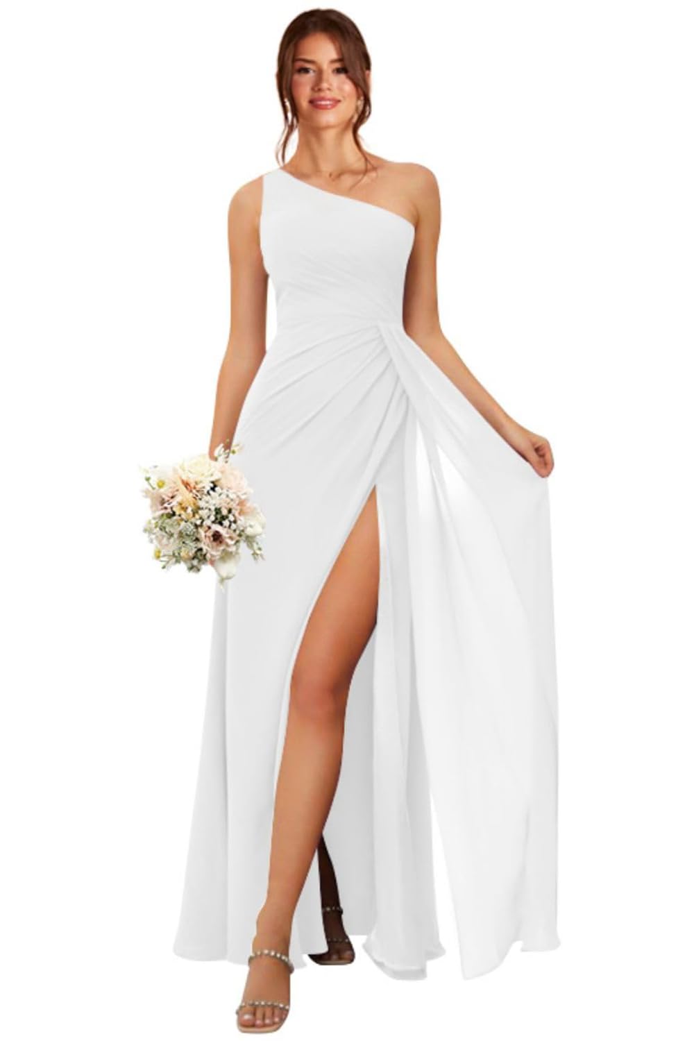 Koendye One Shoulder Bridesmaid Dresses for Women Long Ruched Chiffon A Line Formal Evening Dress with Slit KY001