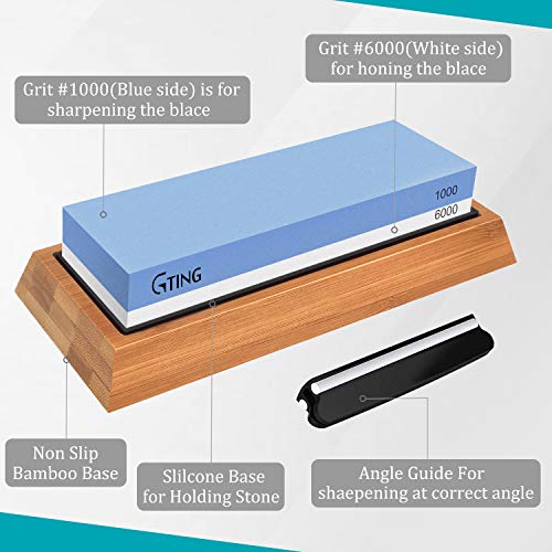 Whetstone Knife Sharpening Stone Set,G-TING 1000/6000 Grit Whetstone Sharpener Includes Non-Slip Angle Guide,Polishing Tool, Bamboo Base for Kitchen,Pocket Knives,Blades,Hunting