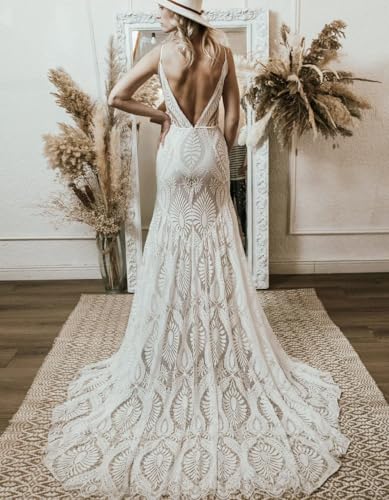 Image of Boho Lace Wedding Dress for Brides Off The Sleeves V Neck Backless Sheath Long Casual Bridal Gowns(Ivory,US12)
