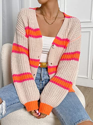 Image of WDIRARA Women's Color Block Striped Crochet Long Sleeve Cardigan Loose Open Front Button Knitted Sweaters