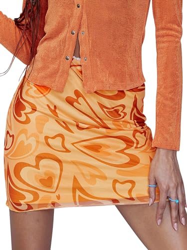 Ezcosplay Minifalda de malla de cintura alta para mujer, ajustada, elástica, sexy, Y2K, Naranja, M