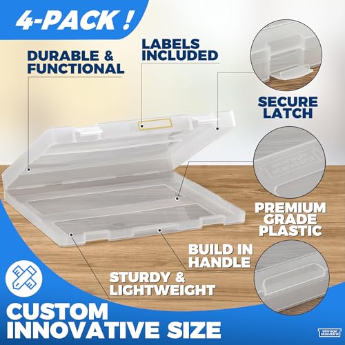 Image of 4-Pack Art & Craft Organizer Storage Case - Semi Transparent Stackable Plastic Craft Storage Container, Project Organizer Box Paper Custom Size Fit 8.5 x 11 Paper & More 12.4 x 10.8 x 1.7 In