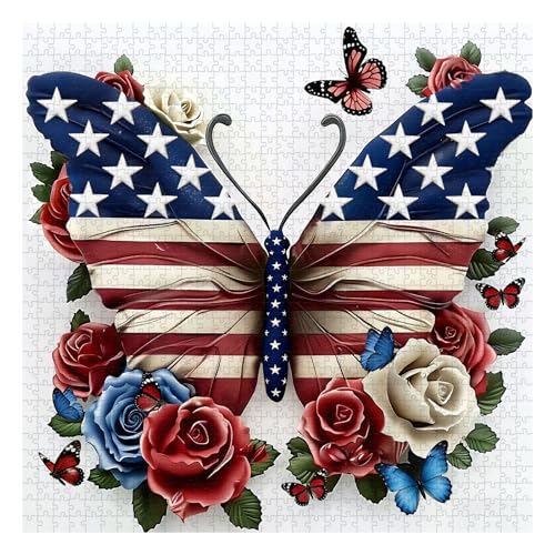 Rompecabezas para adultos de 1000 piezas con bandera estadounidense y mariposa, rompecabezas patriótico de fe, arte floral de rosas como decoración para el hogar miniatura 2