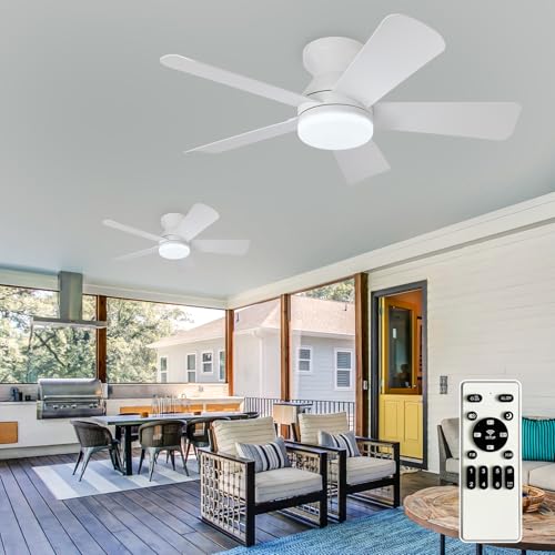 Image of Depuley White Ceiling Fans with Lights: 5 Blade Modern Flush Mount Low Profile Ceiling Fan for Bedroom Porch - 35 Inch Indoor Outdoor Ceiling Fan with Remote Control Dimmable Quiet Timer - 2 Packs
