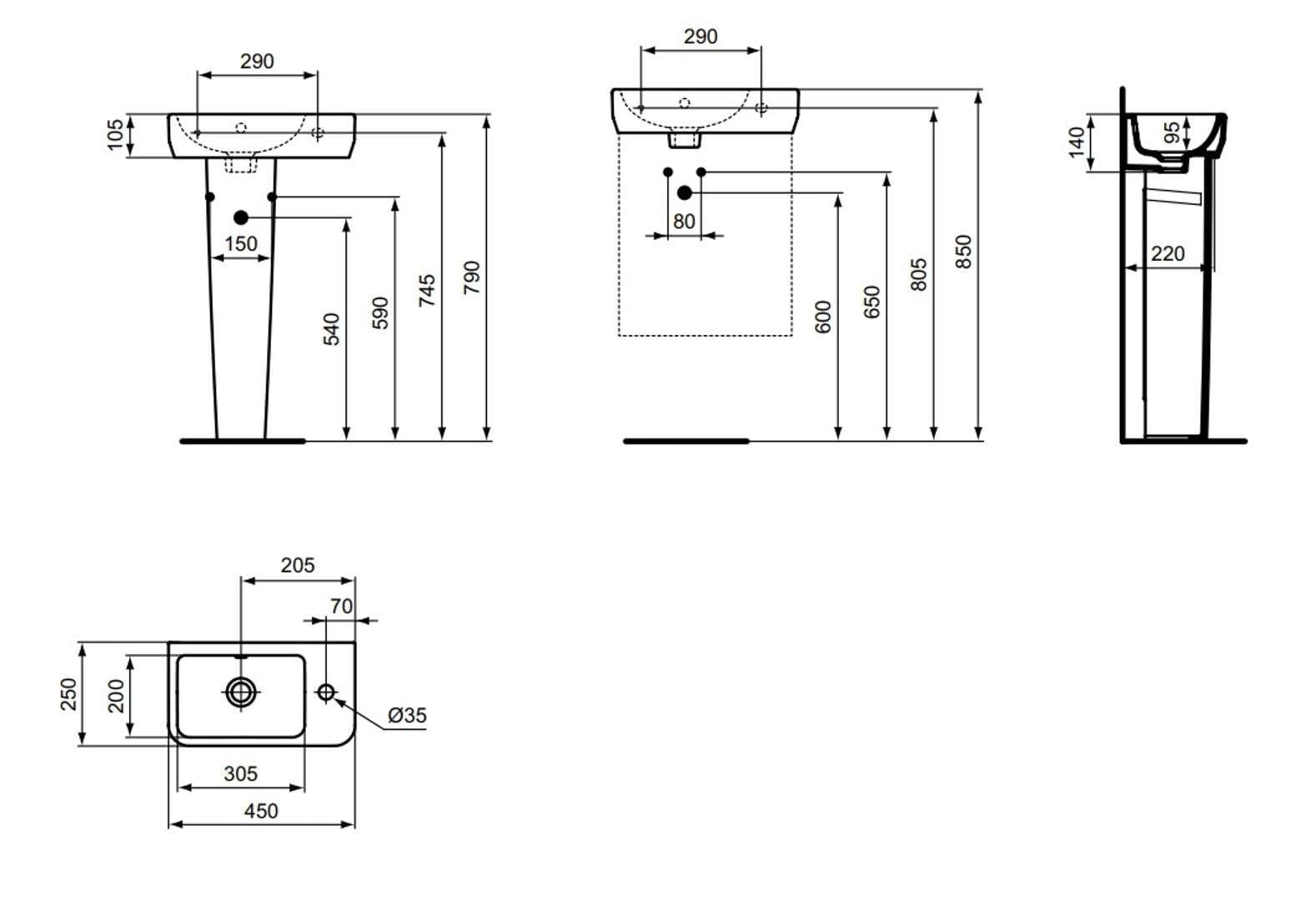 Ideal Standard - i.life S Lavamanos de 45 cm con poca profundidad a solo 25 cm. Columna para comprar por separado. Blanco