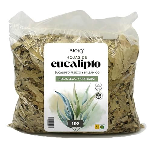 Hojas de Eucalipto Natural 1kg – Para Infusión y Hacer Vahos – Fresco y Balsámico – Hojas Enteras y Secas Cortadas a Granel – Alivia Síntomas en Garganta y Vías Respiratorias