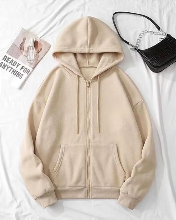 Image of NETCLICK Women's Polycotton Fleece Plain Full-Zip Hooded Winter Sweatshirt