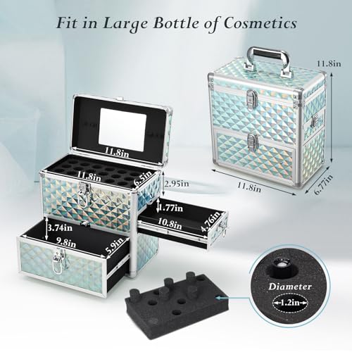 FRENESSA Extra Large Makeup Organizer with Drawer, Mirror, Dividers, Travel Nail Art Case - Watery Blue - Thumbnail 6
