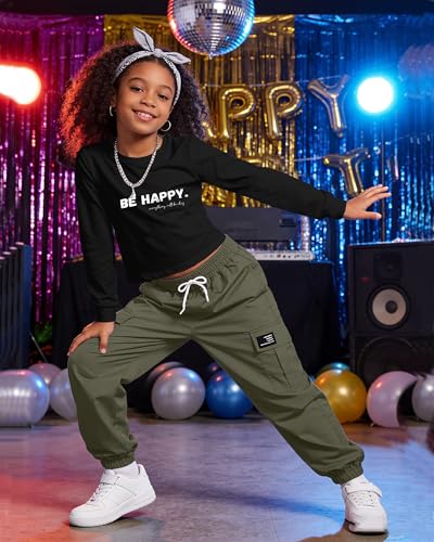 Image of Betusline Girls Fall Winter Clothing Sets, Long Sleeve Crop Top & Cargo Jogger Pants 2 Piece Outfit Sets,4T-14Y