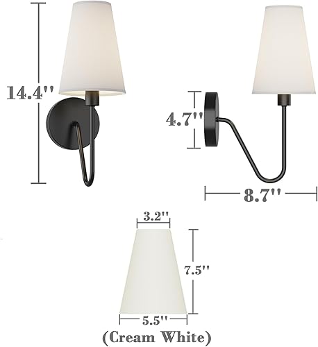Miniatura 5 de Electro bp Lámpara de pared clásica de 1 sola cabeza, color negro con pantalla de tela de lino blanco crema E12 40W cableada (juego de 2)