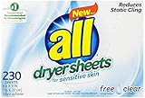all Fabric Softener Dryer Sheets for Sensitive Skin, Free Clear, 230 Count