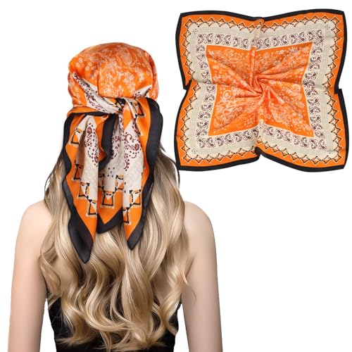 Relang Fashion silk Satin Head Scarf for Women Hair Bandana Hair Scarf Wrap Neck Scarf for Women 27.5×27.5 inches Cashew Flower Pencil Orange