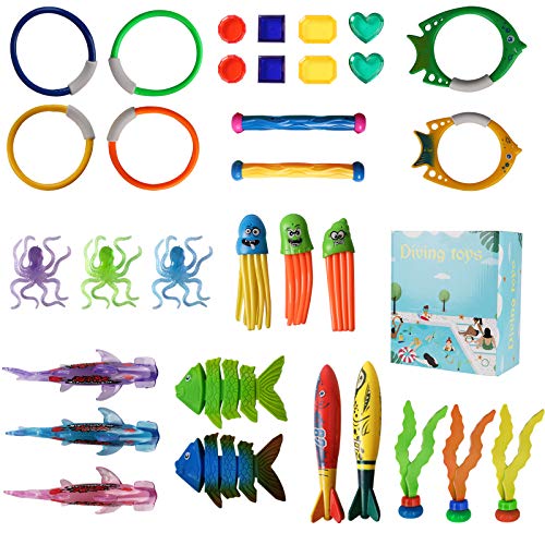 Hapord Pool Toys Diving Toy, Swimming Pool Toy Set Includes Rings Diving Sticks Torpedo Bandits Diving Fish Diving Gems Water Plants, Jellyfish, Octopus, Kids Toys Toys for Girls Boys 32pcs