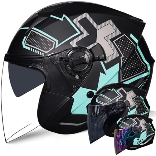 ダブルレンズジェットヘルメット 内蔵サングラス　艶有り黒+レインボー　Lサイズ 新入荷 バイク ダブルレンズ ジェットヘルメット 内蔵サングラス