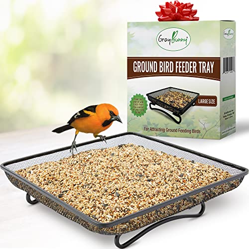 Ground Bird Feeder Tray for Outdoors (Metal) - Weather Resistant Platform Mesh Seed Tray for Wild Birds Squirrels Dove Cardinal Blue Jay Crows (11x11 in)