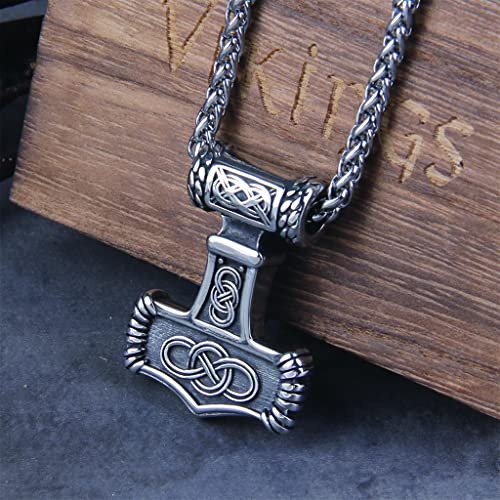 WYPAN Nordisch Wikinger Thors Hammer Talisman Halskette, Edelstahl Männer Vintage Nordischer Schmuck Keltischer Knoten Mjolnir Amulett Anhänger Mit Geschenktüte,Thor's Hammer,24 inches