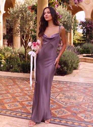 Image of 2026 Satin Cowl Neck Spaghetti Strap Maxi Dress for Women Bridesmaid | Silk,Tie Strap,Slip,Slit,Midi,Wedding Guest,Graduation,Elegant,Cocktail,Vacation,Party
