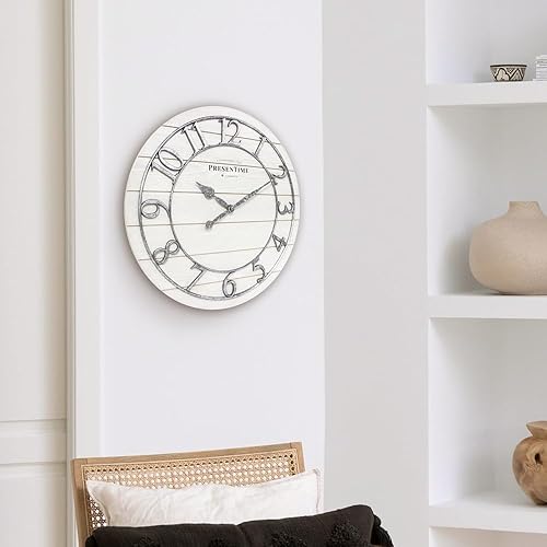 Miniatura 4 de Presentime & Co Reloj clásico de granja Shiplap, 19.5 pulgadas, números arábigos con acabado galvanizado con estilo Shiplap blanco. Decoración de