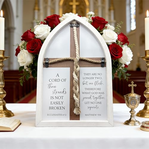 A Cord of Three Strands Wedding Sign Tie God's Knot Three Strands Braid Wall Decor Cross to Braid for Wedding Ceremony Ideas Gift For Couple Christians Symbolic of Unity 14.5"X9.5" (Retro Style)