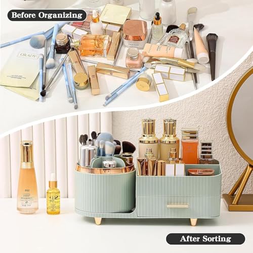 Image of SIBY ABS Plastic Cosmetic Storage Box for Women's | 360 Rotating Makeup Brush Holder for Dressing Table | Vanity Makeup Organizer Box with Transparent Cap and Drawer (Light Green)