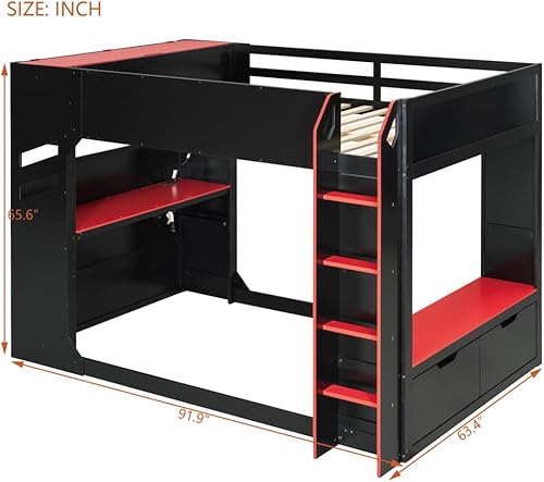 Miniatura 20 de Cama loft de madera para juegos de tamaño matrimonial con escritorio para computadora y luces RGB, cama para juegos, armario abierto integrado y