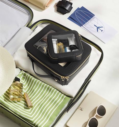 Image of Clear Makeup Bag Set, Portable Travel Toiletry Bag Cosmetic Case for Women, Vegan Leather Make up Pouch Organizer Car Bag for Essentials (Mini+Large Black)