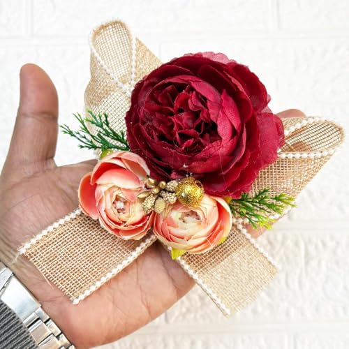 Image of ADIKALA Handmade Artificial Big Peonies 3 Flower Bunch for Trousseau Packing, Ready to use Flower Brooch Hamper for Decoration, Gift Wrapping Flowers (6, Maroon D2)