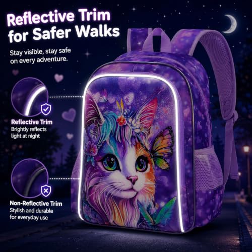 Image of 3Pcs Cat Backpack for Girls, 16 inch School Bookbag Set with Lunch Box，Kids Backpacks for Elementary Preschool Kindergarten (Purple)