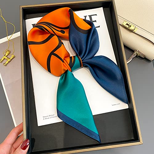 100% Pure Mulberry Silk Scarfs 26"x26" Square Scarf Women Neckerchief Headscarf hair scarf bandana Gift Packed (Orange+Blue)4