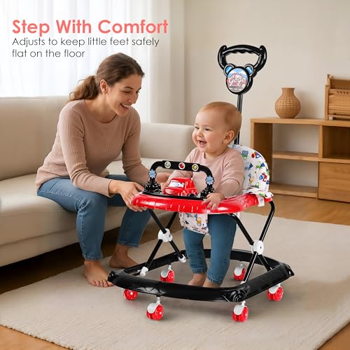 Image of BabyGo Gogo Baby Walker for 6-24 Months, Baby Walker with Push Handle & Activity Tray, Foldable Adjustable Height Infant Walker with Wheels, Music,Toy Bar and Comfotable seat (Red)