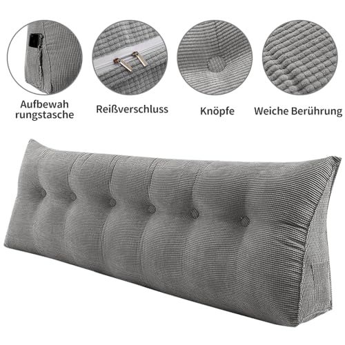 OHMG XXL Lesekissen,120/140/160/180/200 cm, Keilkissen, grau, großes dreieckiges Sofakissen, Lendenwirbelstütze, großes Kissen, Rückenstütze, Kopfteil, Ruhe, Lendenwirbelstütze (Grau, 180CM)