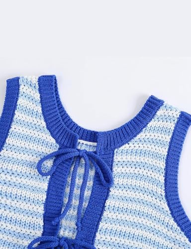 Image of Yvipette Women Sweater Vest Sleeveless Crochet Tops Casual Color Block Tie Back Knit Tank Tops Striped Crop Tank Tops