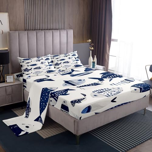Image of jejeloiu Cartoon Fish Bed Sheets Set Queen Size Marine Theme Bed Set Ocean Sea Animal Deep Pocket Fitted Sheet White Blue Breathable Soft Lightweight Microfiber