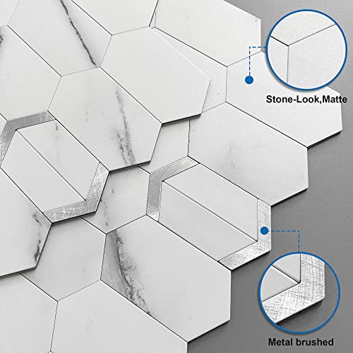 Mofit Peel And Stick Tile For Kitchen Backsplash Matte Finish,Peel And Stick Bathroom Marble 3D Wall Panels Honeycomb Tiles For Rvs Waterproof(10Sheets,White Silver) #TOP1