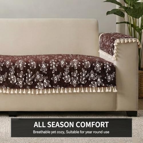 Image of STITCHNEST Woven Fabric Sofa Cover 2 Seater with 2 Hand Rest Covers - Washable Brown Sofa Cover with Tassels - Durable Premium Fabric - Stylish Sofa Protector for Living Room & Furniture Decor