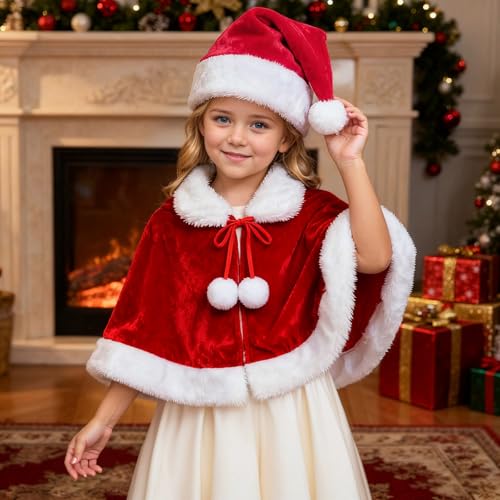 Weihnachten Santa Umhang Weihnachtsmantel Set Cape + Weihnachtsmann mütze Weihnachtsfrau Kostüm Mädchen Rot Samt Mantel Weihnachten Umhang für Weihnachts Kostüm Party Festliche Kleidung (Kinder)
