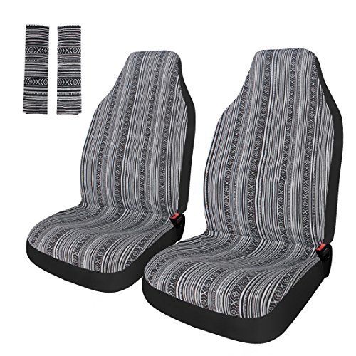 Copap Universal Stripe Colorful 4pc Front Seat Covers Baja Bucket Seat Cover Black/White Saddle Blanket with Seat-Belt Pad Protectors for Car, SUV & Truck