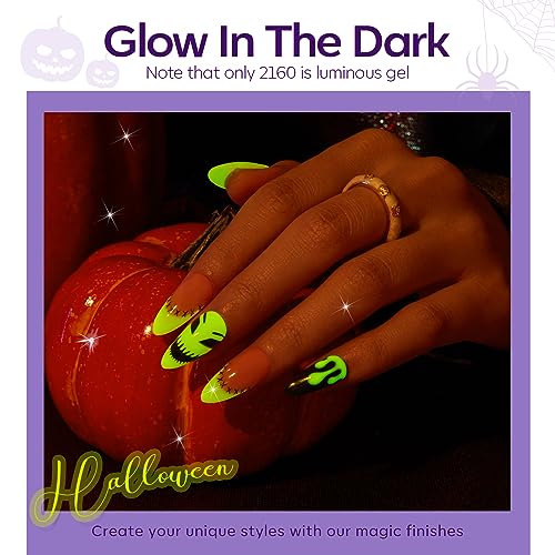 Image of Modelones Gel Nail Polish Set 6 Colors Halloween Glow in the Dark Neon Green Orange Purple Red Black Gel Polish Set Soak Off LED Nail Art Kit Gift with Nail Stikers