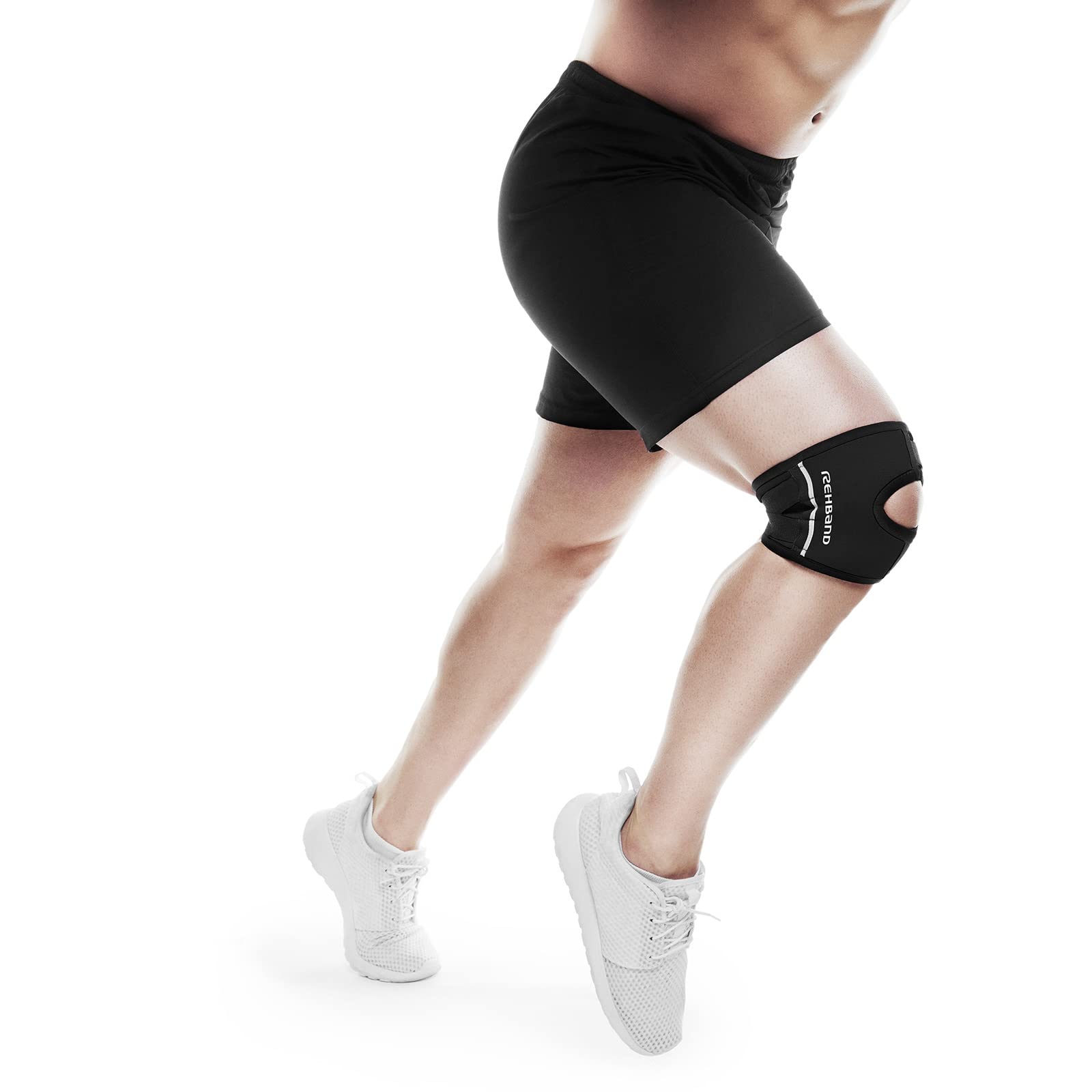 Rehband UD ginocchiera con apertura rotulea, fascia stabilizzante per tendine rotuleo in neoprene SBR da 3 mm, supporto anatomico ginocchio per donna e uomo, Colore:Nero, Misura:S
