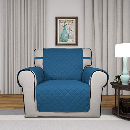 Image of PureFit Reversible Quilted Sofa Cover, Water Resistant Slipcover Furniture Protector, Washable Couch Cover with Non Slip Foam and Elastic Straps for Kids, Pets (Small, Peacock Blue /Beige)