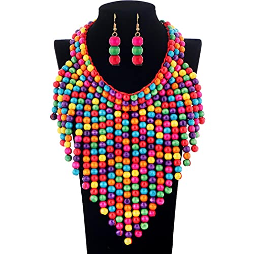 Barode Layered Statement Necklace Multicolor Bead Tassel Chunky Wood Beaded Bib Necklaces With Earings Long Multi Strand African Necklace Costume Jewelry For Women (Style 1) #TOP7