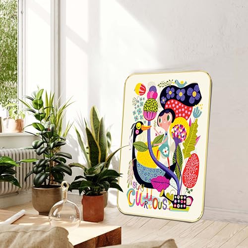 Image of SAF Stay Curious Kids Wall Art | Colorful Cartoon Illustration with Girl & Bird | Motivational MDF Frame Painting for Nursery, Playroom, Study Room & Gifting (19 x 13 Inch) MG01-1042