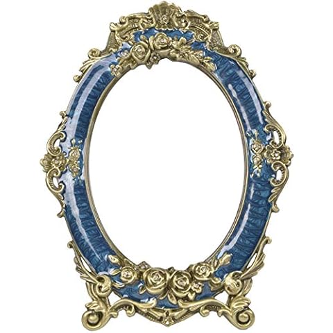 Nerien Decorative Vintage Retro Metal Tabletop Mirror Rose embossed Makeup Vanity Mirror with Stand Blue Cover