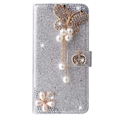 Bling Portafoglio per Huawei P20 Lite Flip Cover, Bling Strass Argento PU Leather Glitter 3D Big Farfalla Pelle Antiurto Libro Portafoglio Kickstand Magnetica Cover Flip Case per Huawei P20 Lite