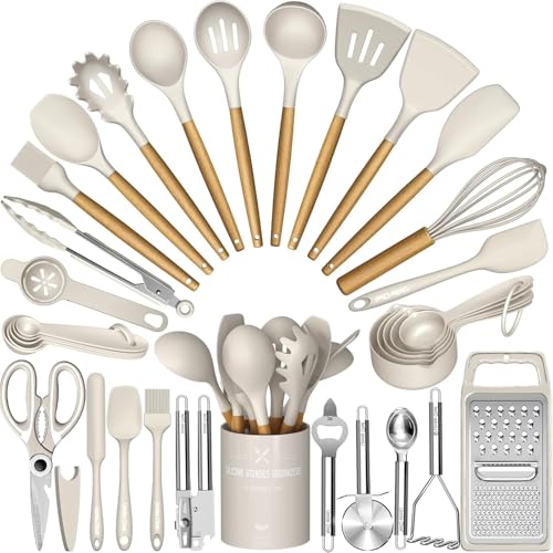 Cooking Utensils Set- Umite Chef Khaki Silicone Kitchen Utensils Set, 34PCS Heat Resistant Kitchen Gadgets Tools Set with Grater, Wooden Handle Kitchen Spatula Set for Nonstick Cookware