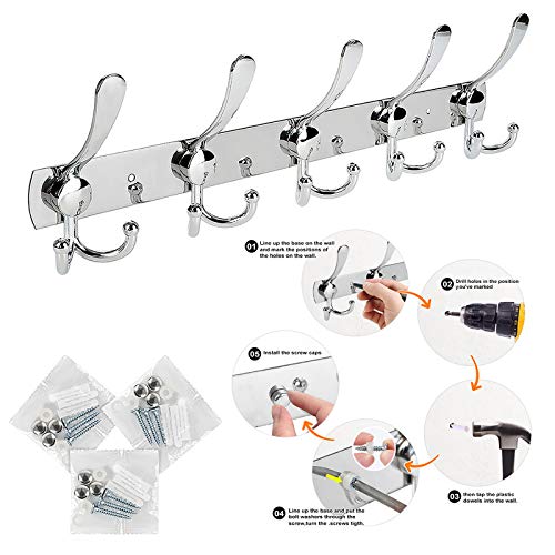Phingeer Wall Mounted Coat Rack, Heavy Duty Stainless Steel With 5 Tri Hooks Metal Decorative Hook Rail For Hanging Coats, Hanger, Hat, Towel, Backpack, Robes, Mudroom, Bathroom (Silver, 2 Packs) #TOP6