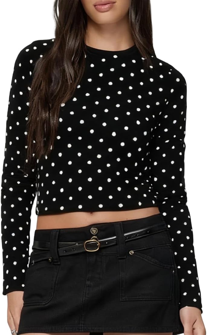 Polka Dot Tops for Women Long Sleeve Crew Neck Slim Fit Shirt Tops Casual Going Out Tee Top Streetwear
