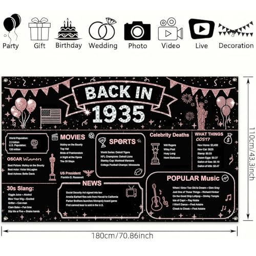 Image of BlissYard Vintage Back in 1935 Banner 77th Birthday Party Decorations 71x43 Inch Happy 77th Birthday Rose Gold Glitter Historical Banners for Anniversary Photography Background Class Reunion Decor