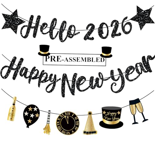 Happy New Year Banner 2026 Black Glitter Pre-Strung Hello 2026 &Happy New Years sign New Year Eve Banner for Happy New Year Decorations 2026 NYE Party Supplies