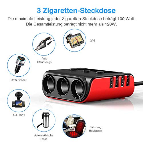 Auto Ladegerät Adapter, SONRU 3 Fach KFZ Zigarettenanzünder Verteiler mit 4 USB Ports, 120W 12V/24V DC Mehrfach Steckdose Splitter mit LED Voltmeter Getrennte Schalter für GPS/Dash Cam/Telefon